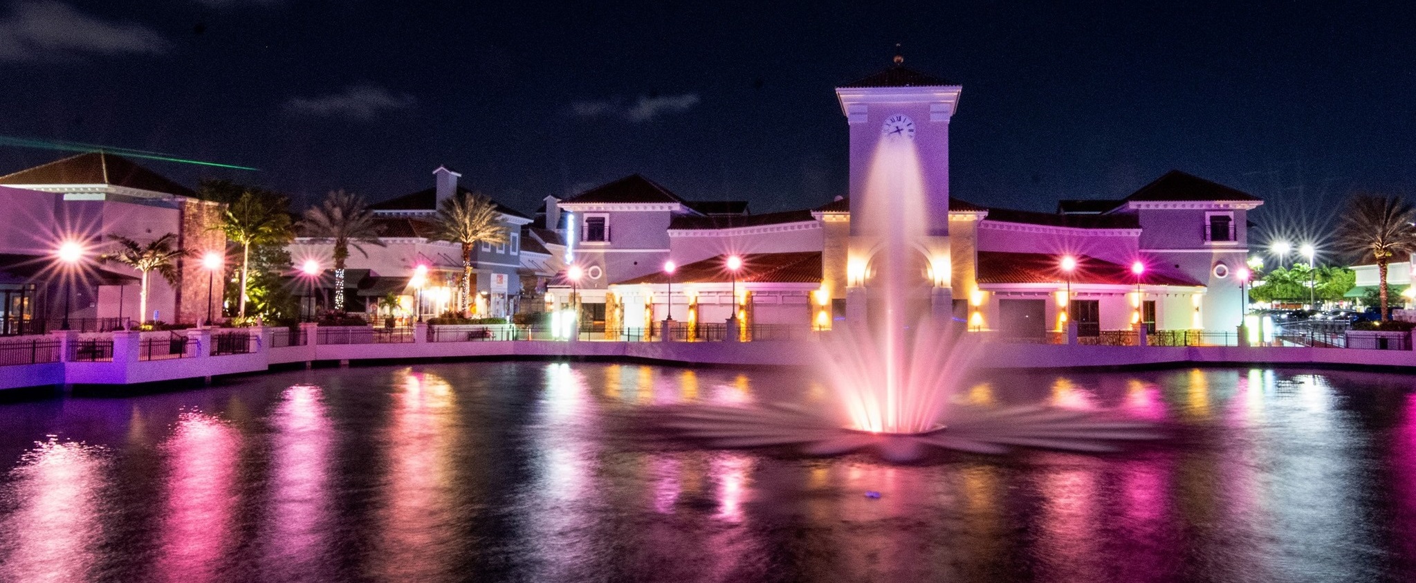 The Town and Country fountain lighted in pink for breast cancer awareness month by solcar electric, inc.